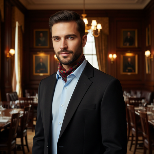 Red scarf with colorful paisley pattern on a white background