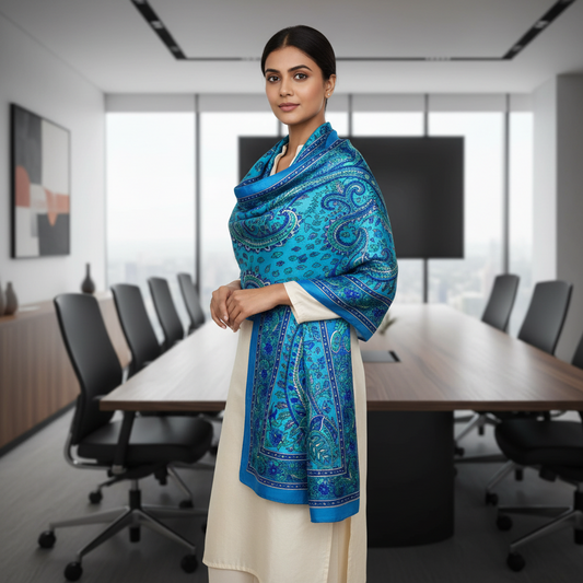 Blue paisley patterned scarf on a white background