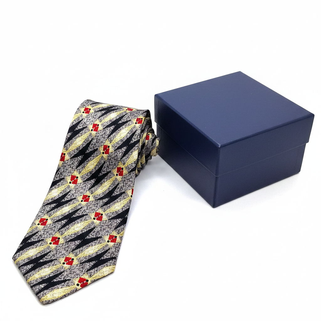 A jacquard silk necktie with a geometric pattern in black, gray, yellow, and red colors.