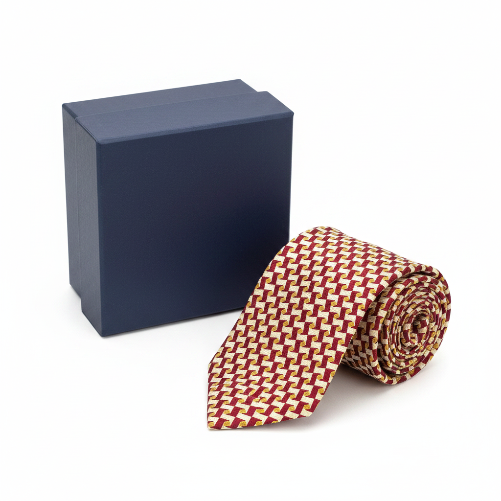 Red and yellow patterned tie on a white background