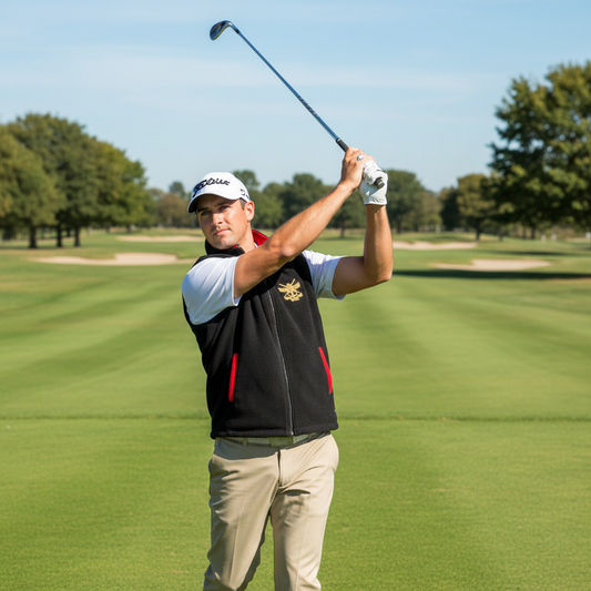 A black fleece jacket with red collar and pocket trims, featuring a gold embroidered crest on the left side and a high quality front zip.
