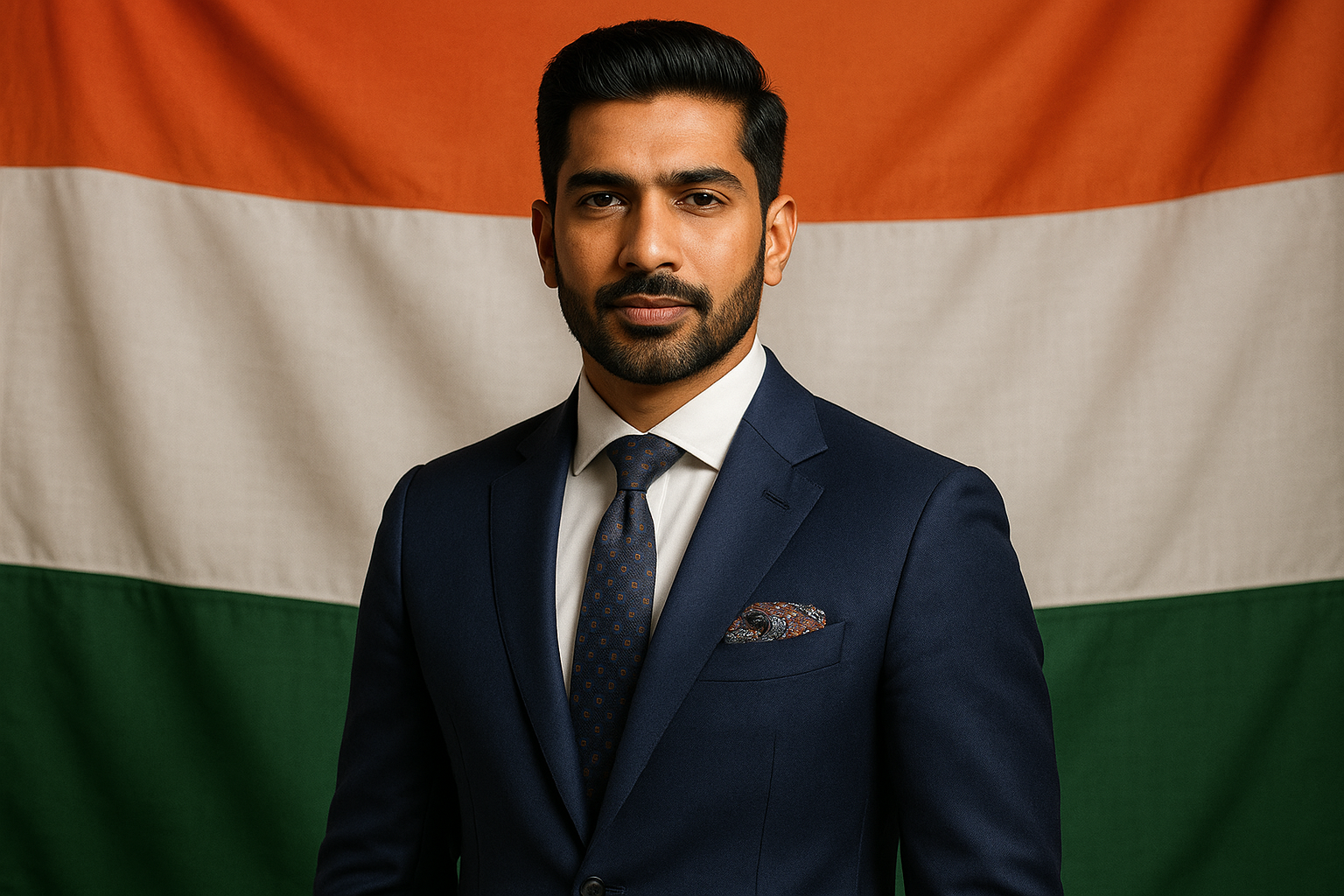 Indian man in suit with tie and pocket square against Indian flag backdrop