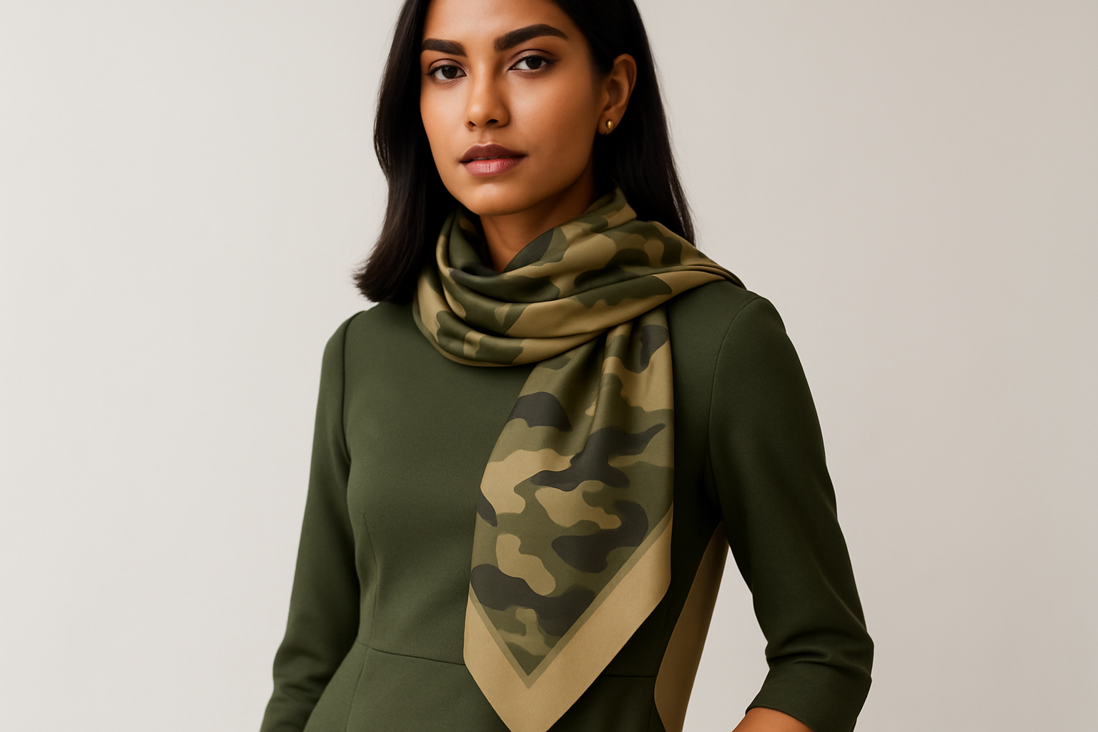 Modern Indian woman wearing a dress with a silk scarf