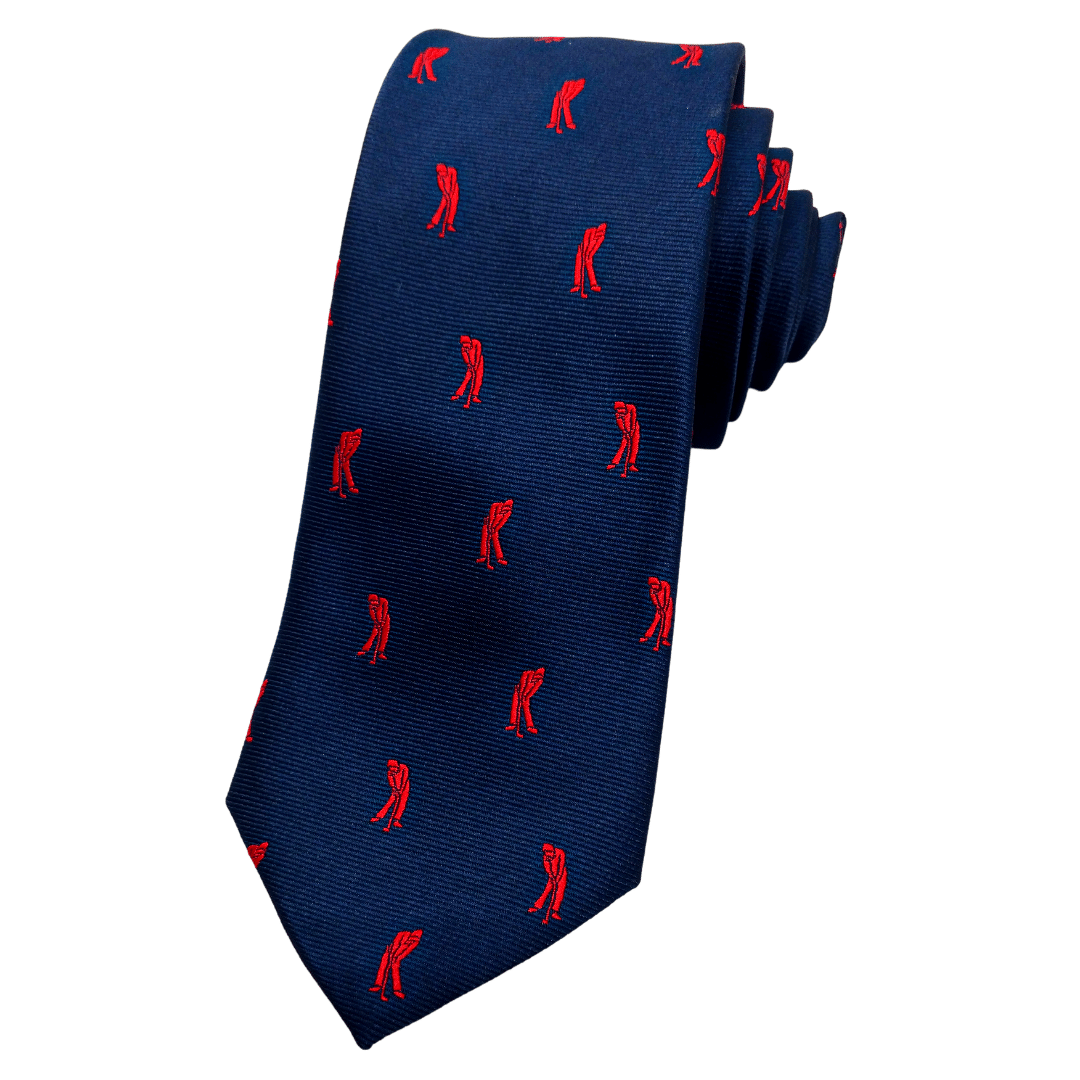A navy microfibre golf tie with a pattern of red and white golfers.