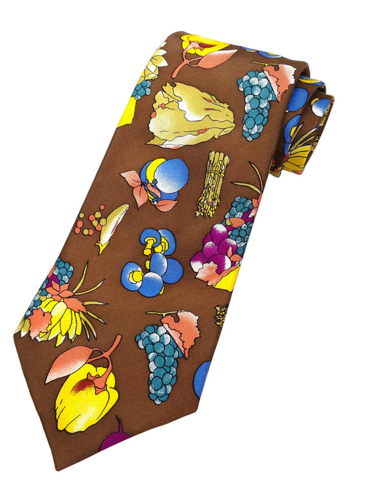 A necktie with a jacquard weave pattern featuring various colors on a brown background, artistically designed with floral and fruit motifs.