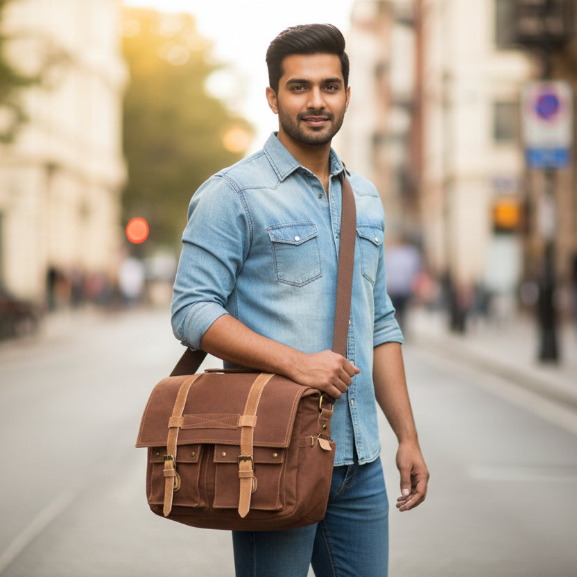 A brown messenger bag with brass magnetic closures, multiple compartments, and an adjustable canvas strap, made of heavy-duty canvas and genuine leather.