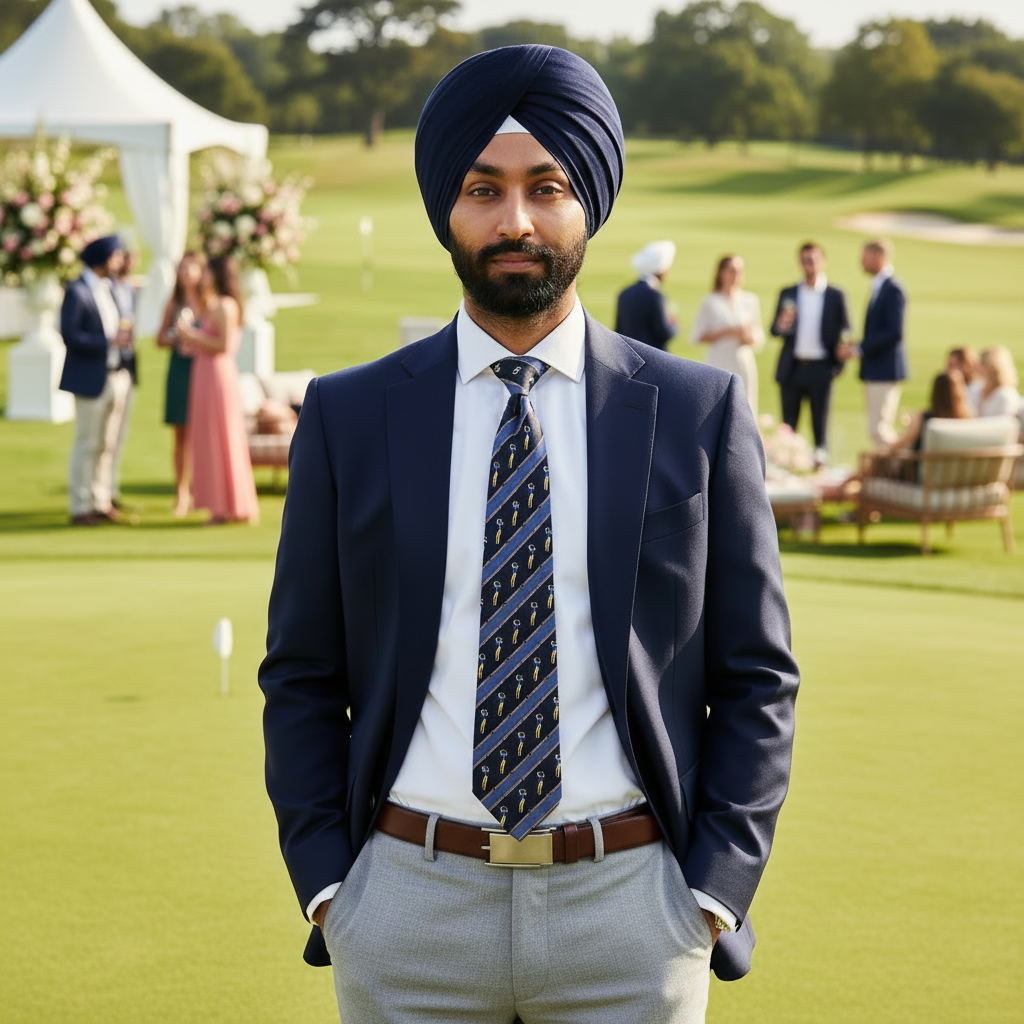 A necktie with a pattern featuring a golf player in action, with blue and yellow stripes on a black background.