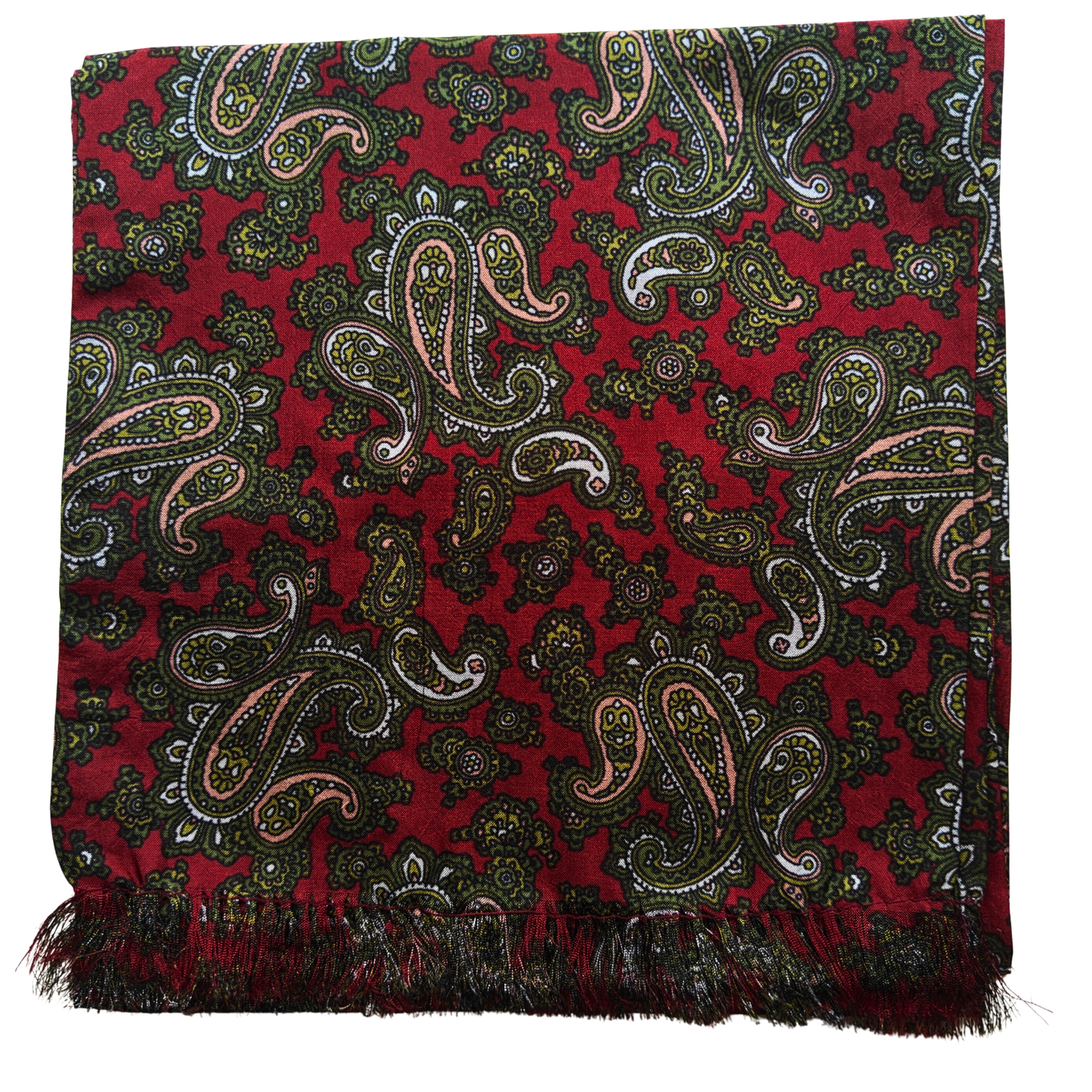 Maroon paisley patterned scarf with fringes on a white background