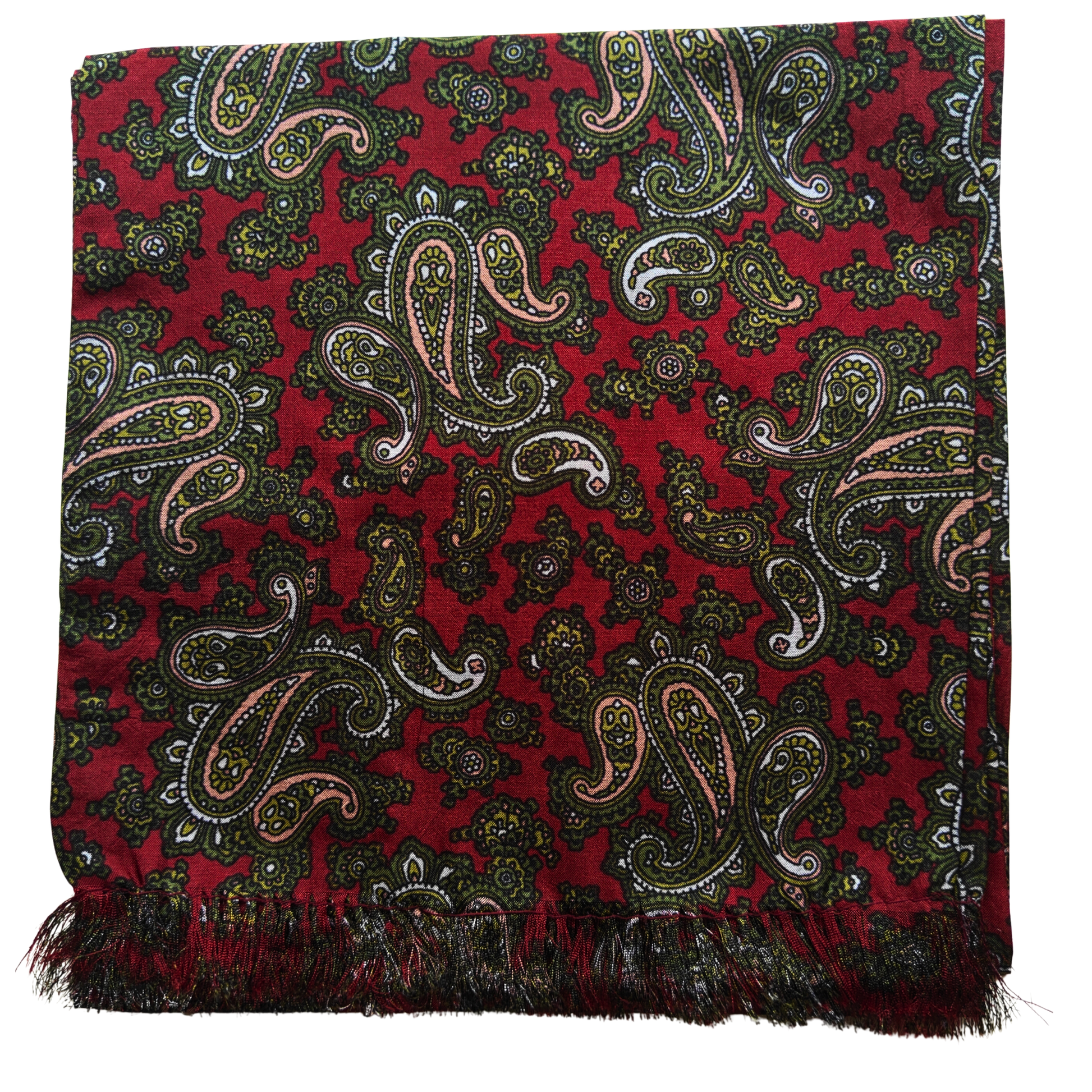 Maroon paisley patterned scarf with fringes on a white background