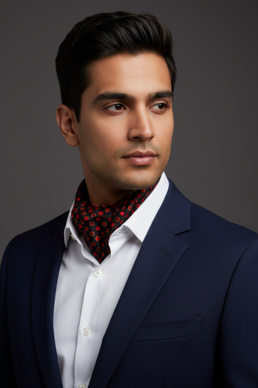 Red and black polka dot ascot tie on a white background