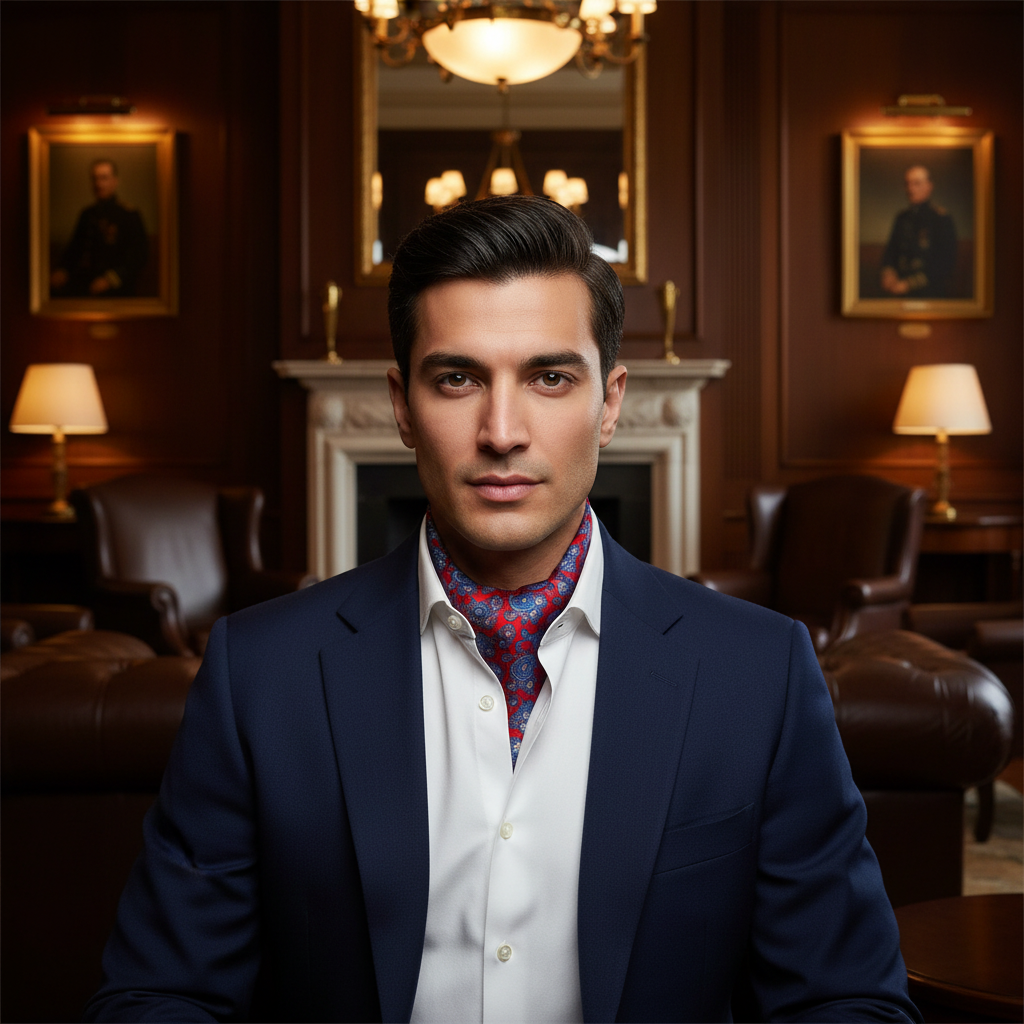 Red and blue patterned scarf with fringed edges on a white background