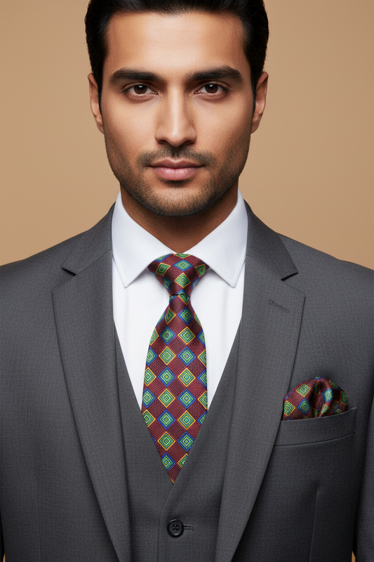 A printed silk tie and pocket square set displayed in a cardboard gift box with the tie having a wider end and the pocket square neatly folded. The set features a geometric pattern with multiple colors.