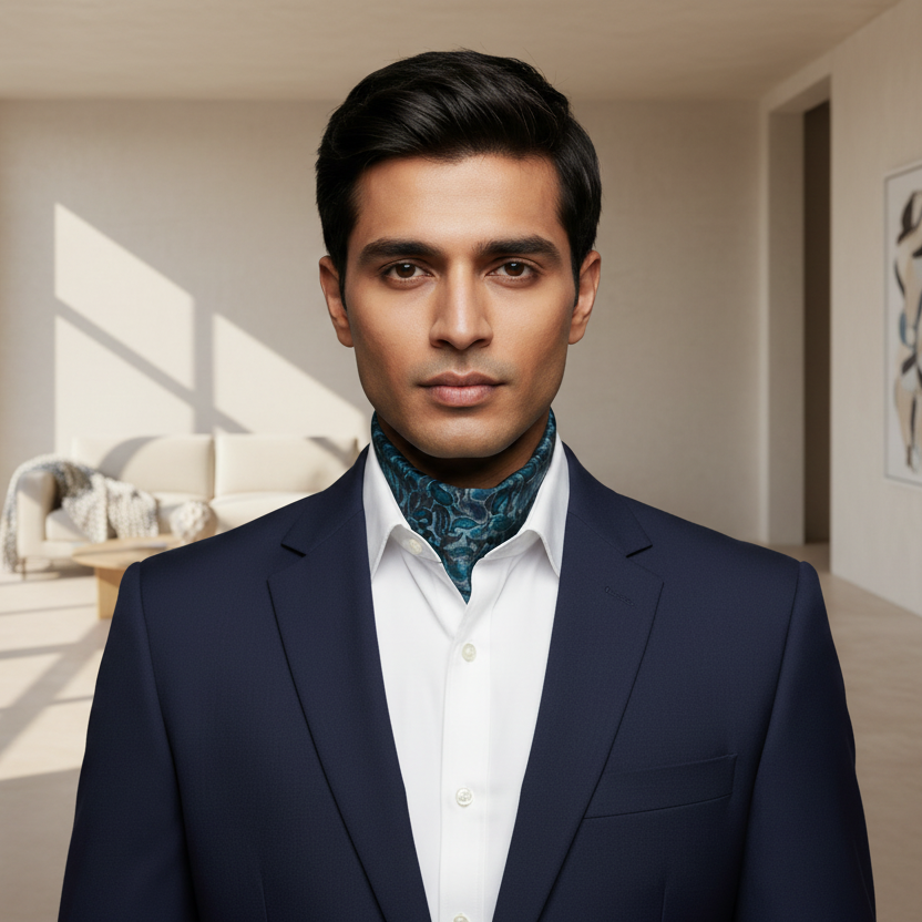 Man wearing a navy suit with a white shirt and patterned scarf on a gray background