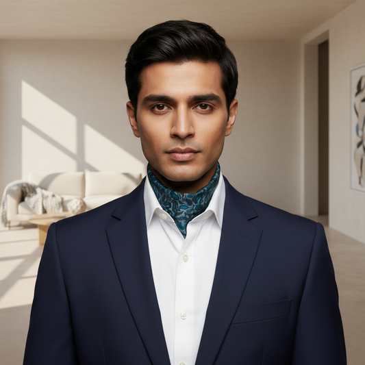 Man wearing a navy suit with a white shirt and patterned scarf on a gray background