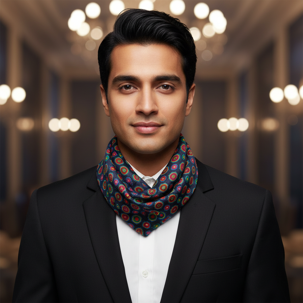 Colorful patterned fabric with circular designs on a black background