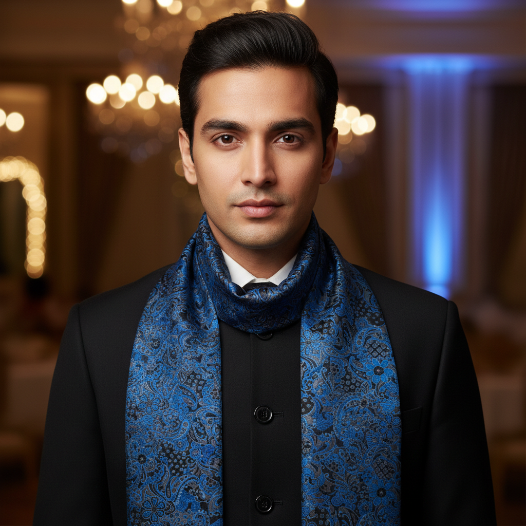 Blue patterned scarf on a white background