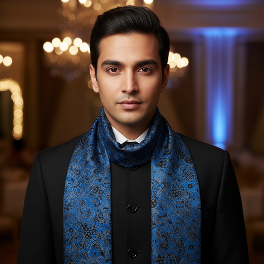 Blue patterned scarf on a white background