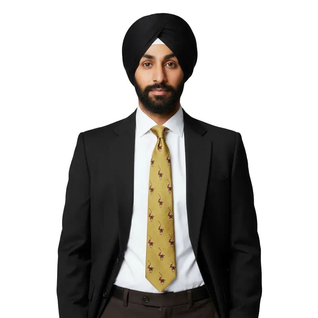 Man wearing a black suit with a white shirt and yellow tie on a white background