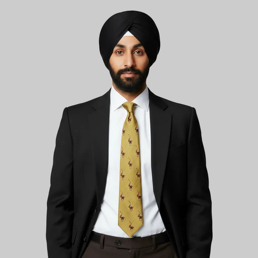 Man wearing a black suit with a white shirt and yellow tie on a white background