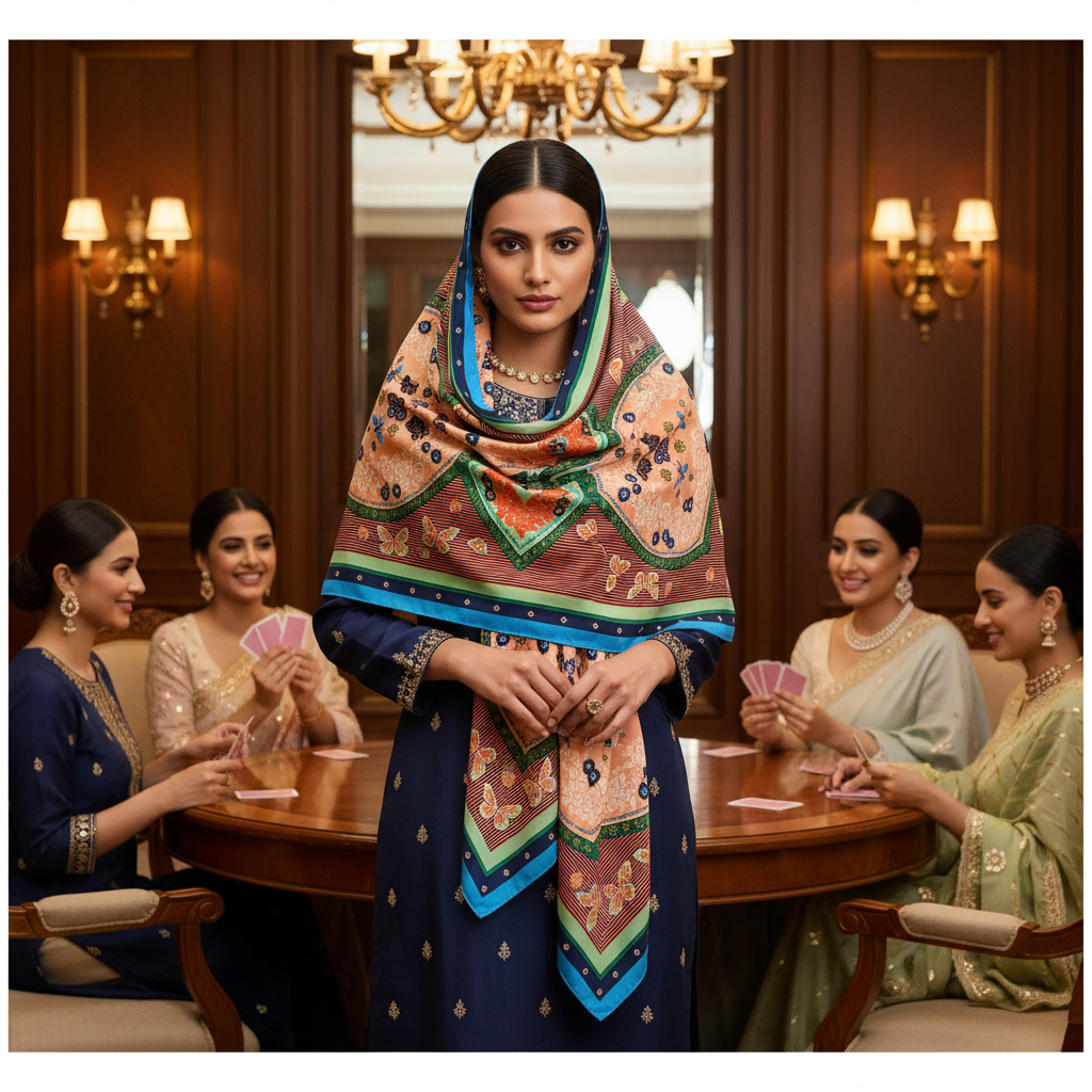 Colorful patterned fabric with blue border on a white background