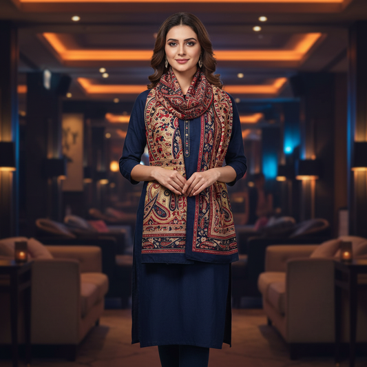 Paisley patterned scarf with red, blue, and beige colors on a white background