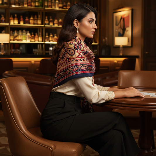 Paisley patterned scarf with red, blue, and beige colors on a white background