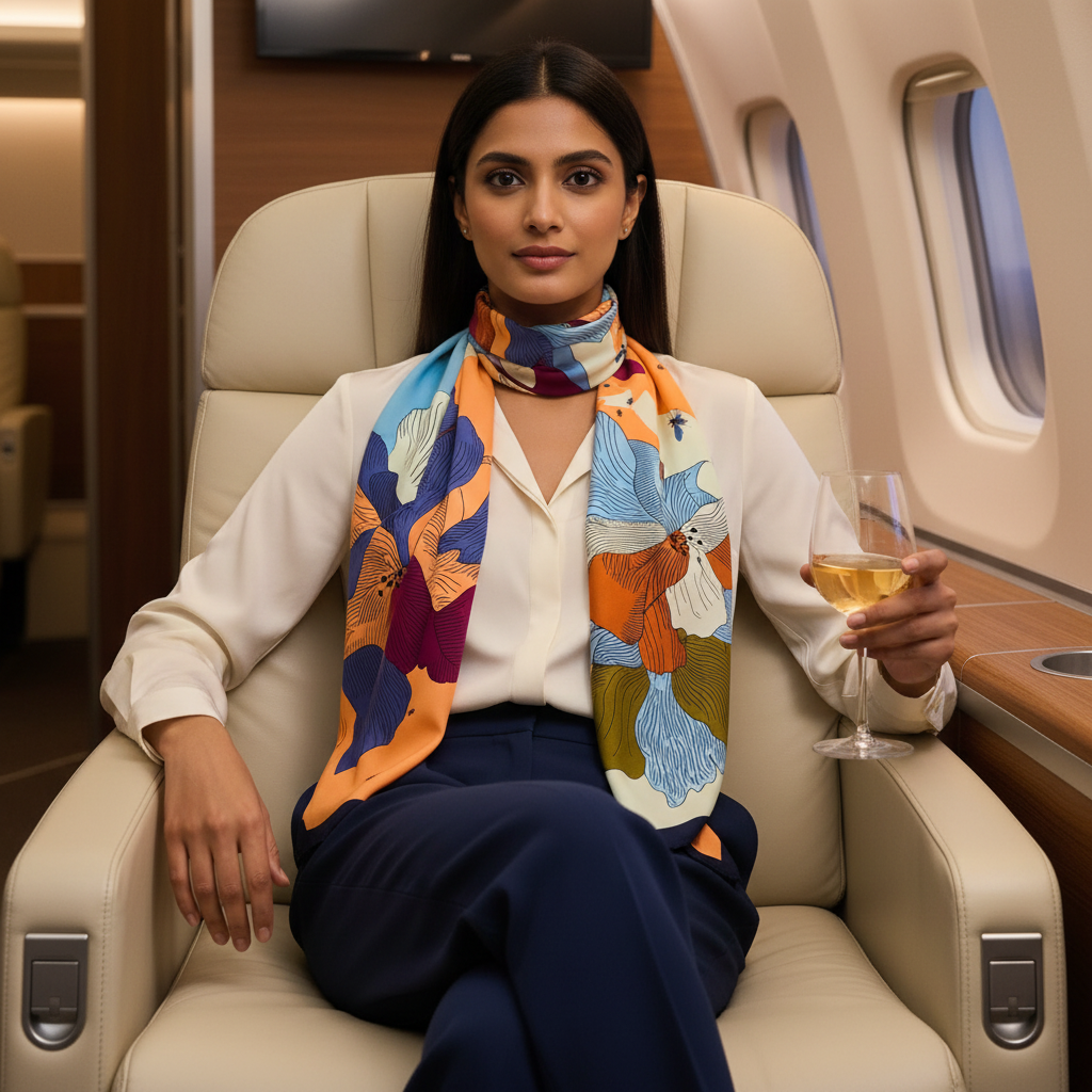 Colorful floral-patterned scarves with 'nice things' branding on a white background