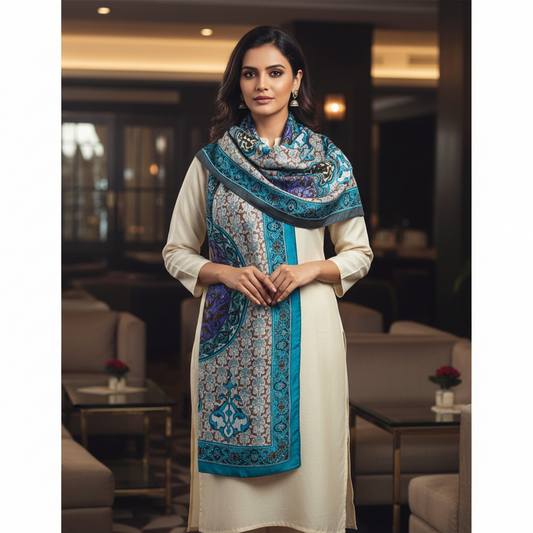 Decorative scarf with intricate patterns on a white background