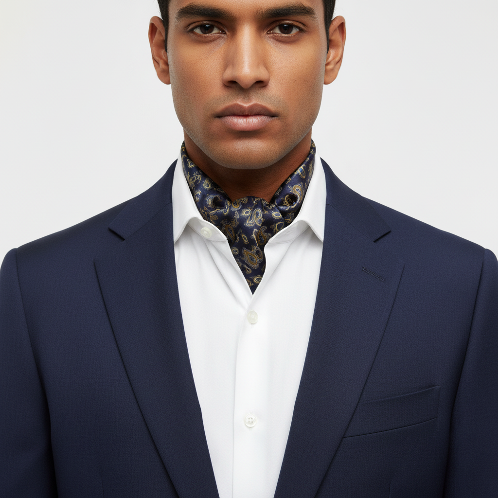 Navy blue scarf with yellow floral pattern on a white background