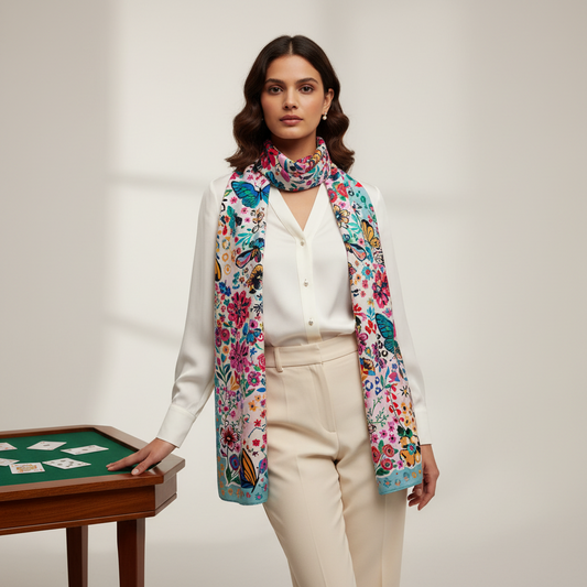 Colorful floral and butterfly patterned fabric on a white background