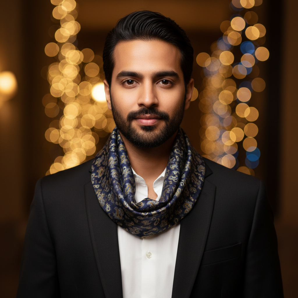 Navy blue scarf with yellow floral pattern on a white background
