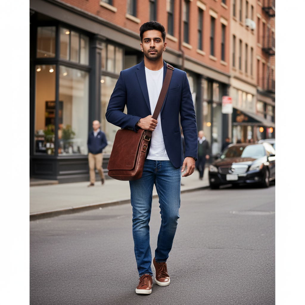 A brown genuine leather man bag with a front zipper pocket and a detachable strap. The bag features brass metal fittings and the brand 'Fossil' is visible on the front.