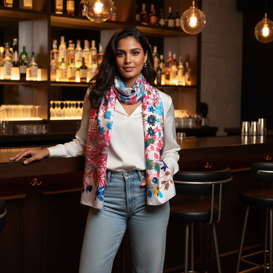 Woman standing in a bar with a colorful scarf, white shirt, and blue jeans.