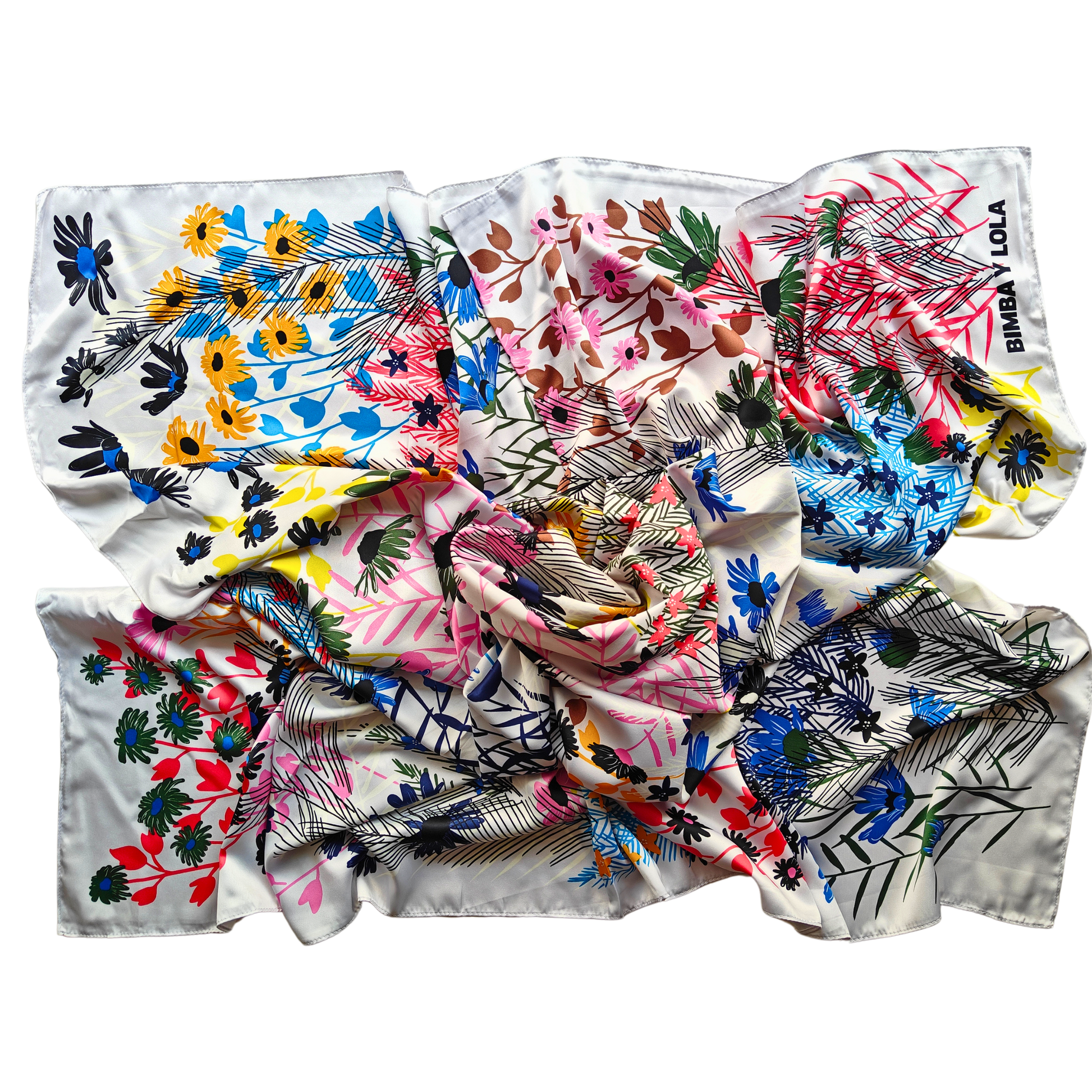Collection of colorful scarves with floral and abstract patterns on a white background