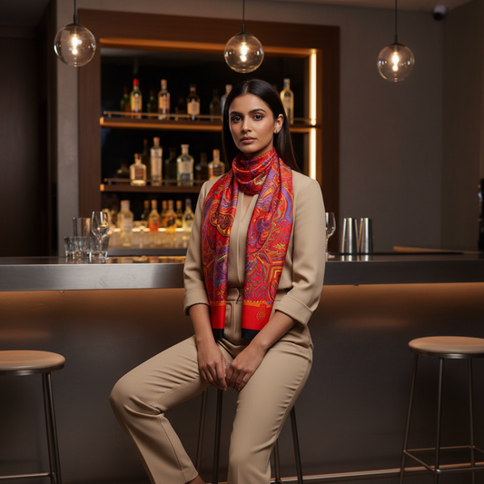 Red scarf with black border and colorful pattern on a white background