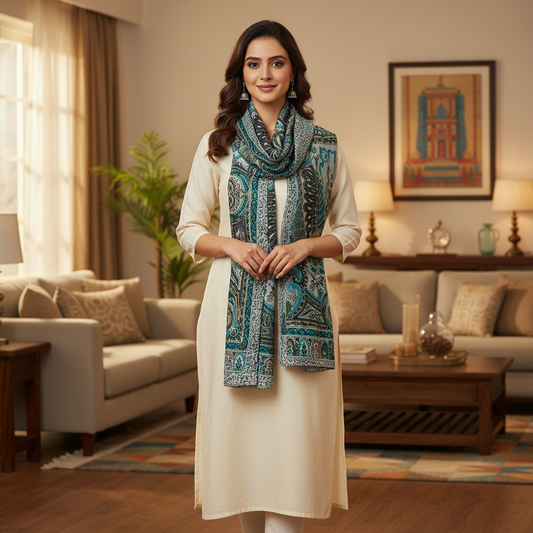 Patterned scarf with blue and black design on a white background