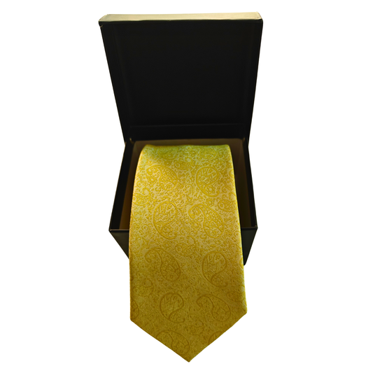 Yellow patterned tie in an open black box on a white background