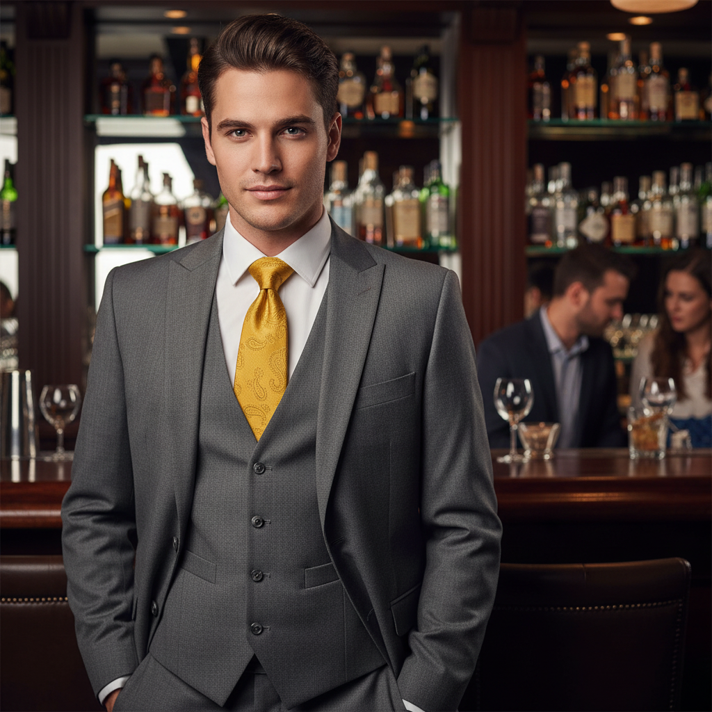 Yellow paisley tie with a black box on a white background