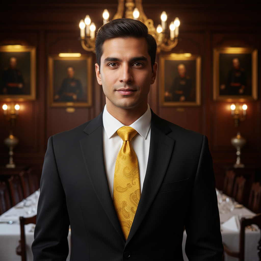 Yellow paisley tie with a black box on a white background