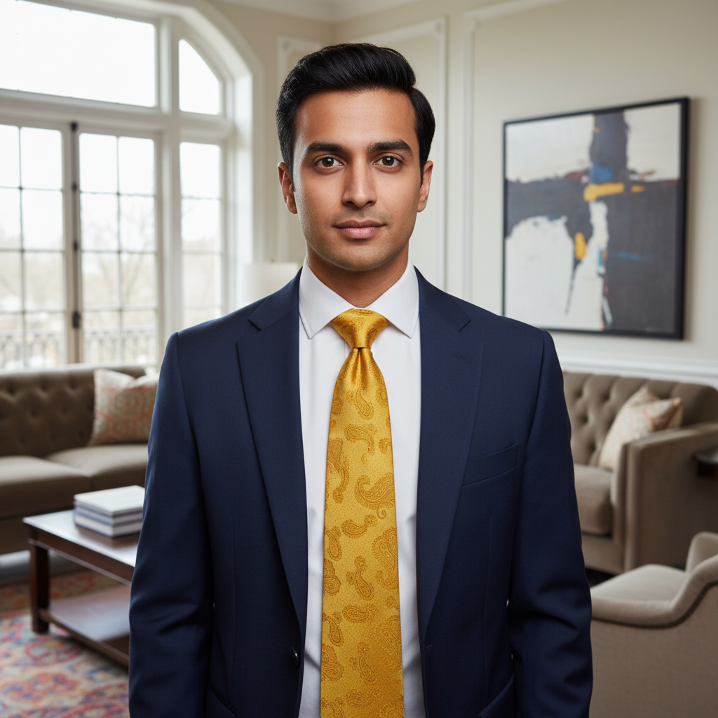 Yellow paisley tie with a black box on a white background