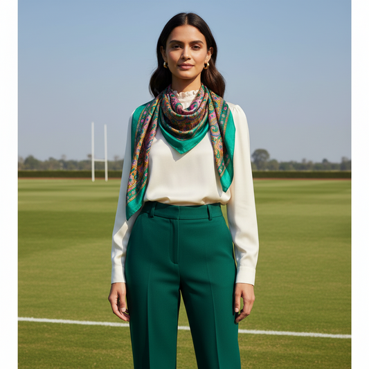 Colorful paisley patterned scarf on a white background