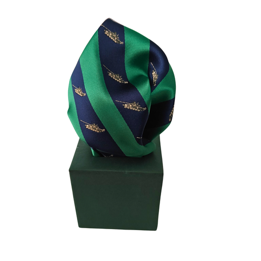 Navy and green striped tie with gold patterns on a green box against a white background