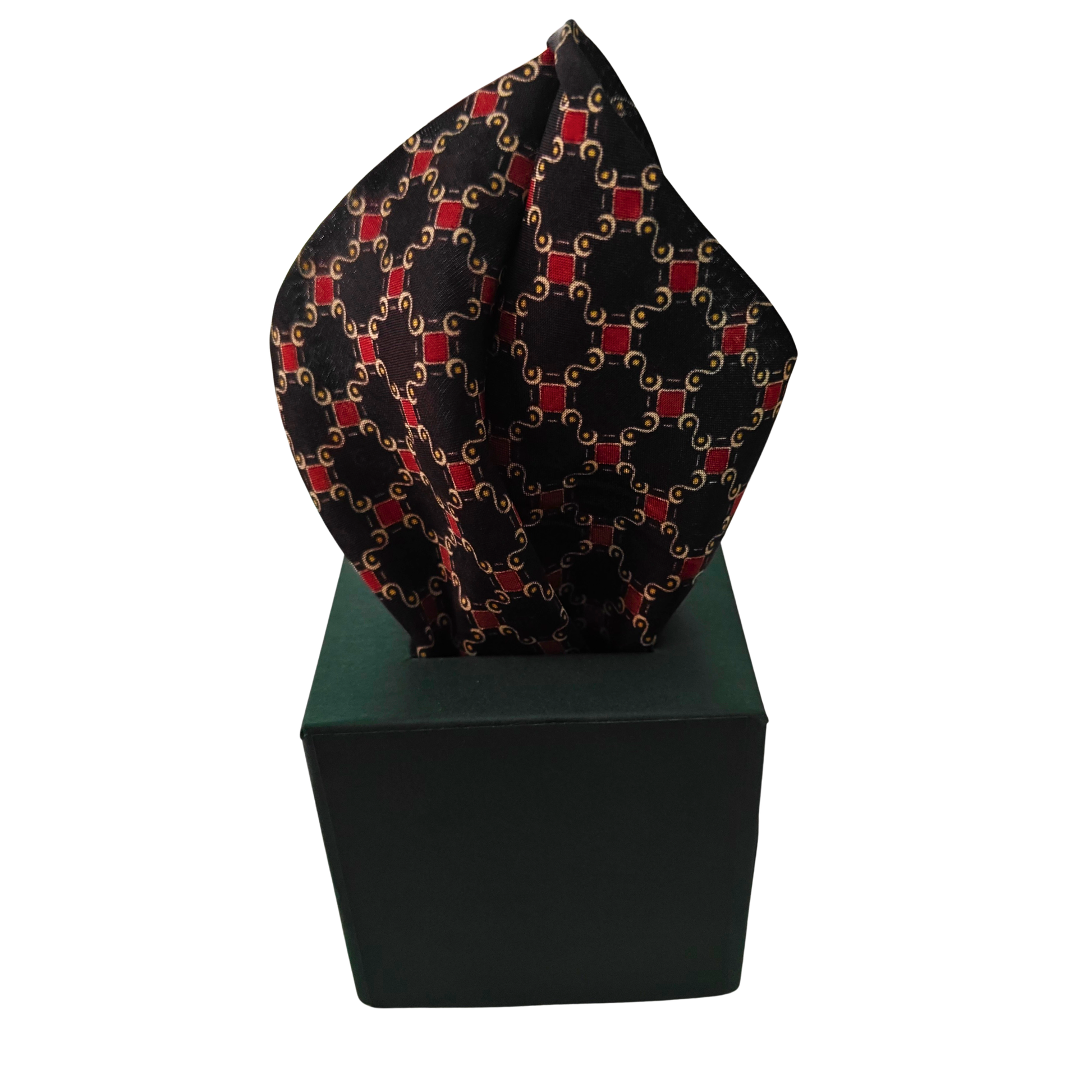 Black patterned pocket square on a green box with a white background