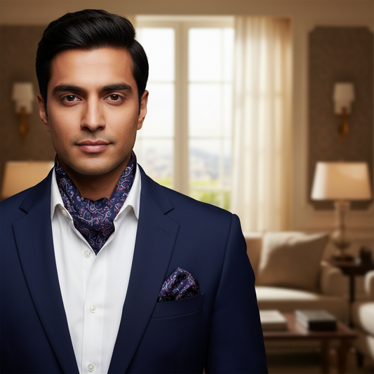 Navy blue scarf with paisley pattern and matching pocket square on a white background