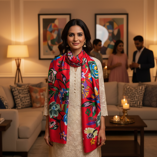 Colorful floral and animal patterned fabric on a red background