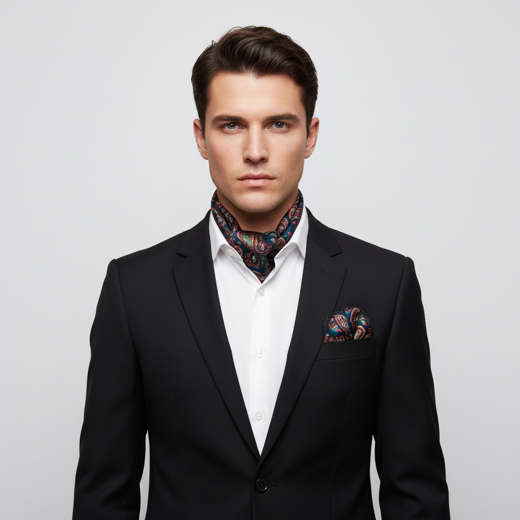 Paisley patterned scarf and pocket square on a white background