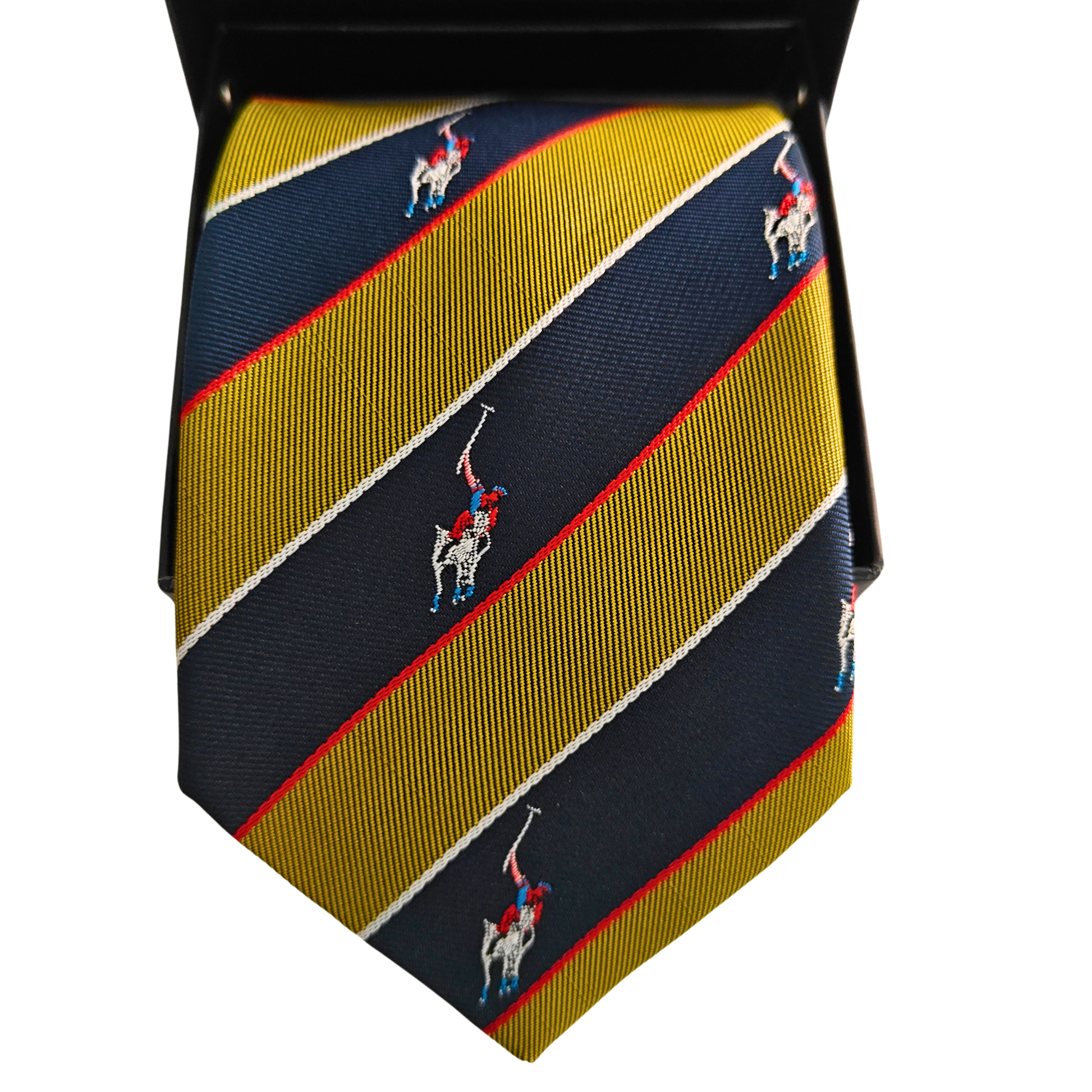 Striped tie with embroidered polo player design on a white background