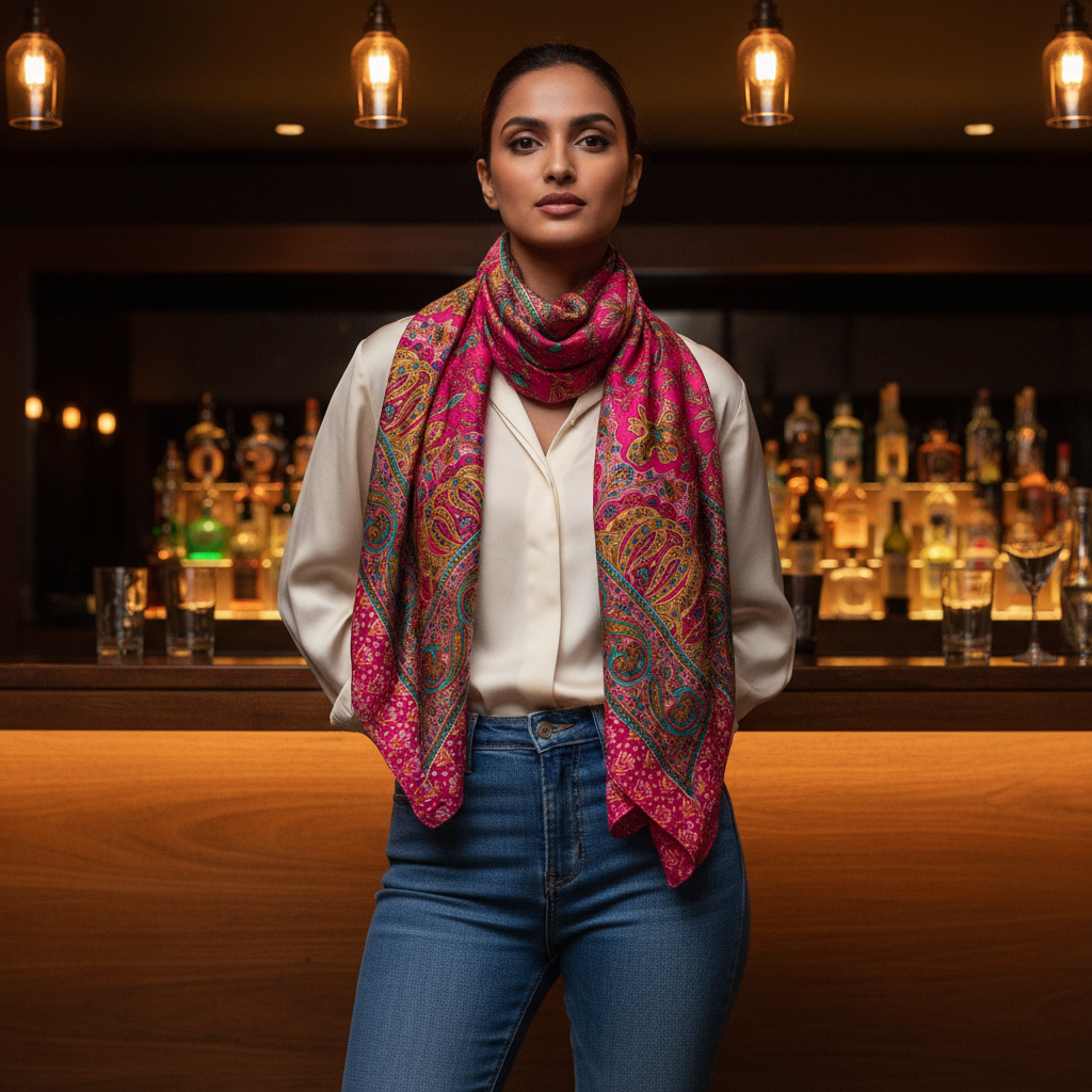 Colorful paisley patterned scarf on a white background