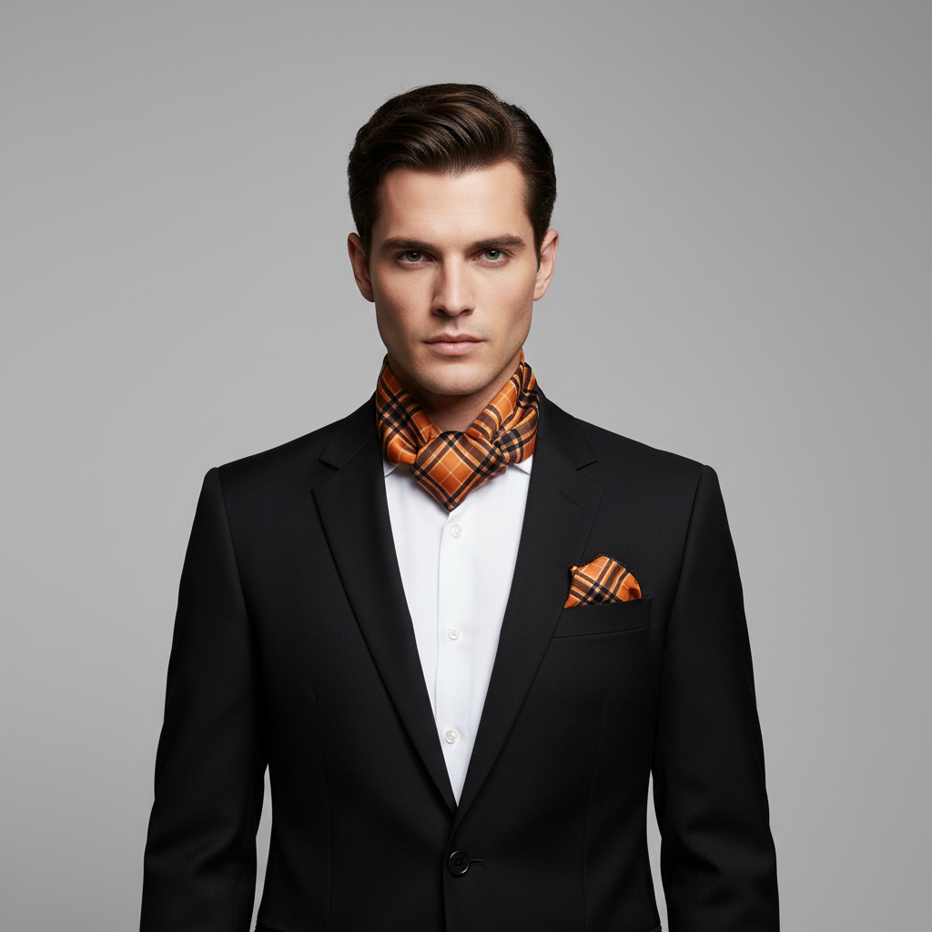 Plaid scarf and matching pocket square on a white background