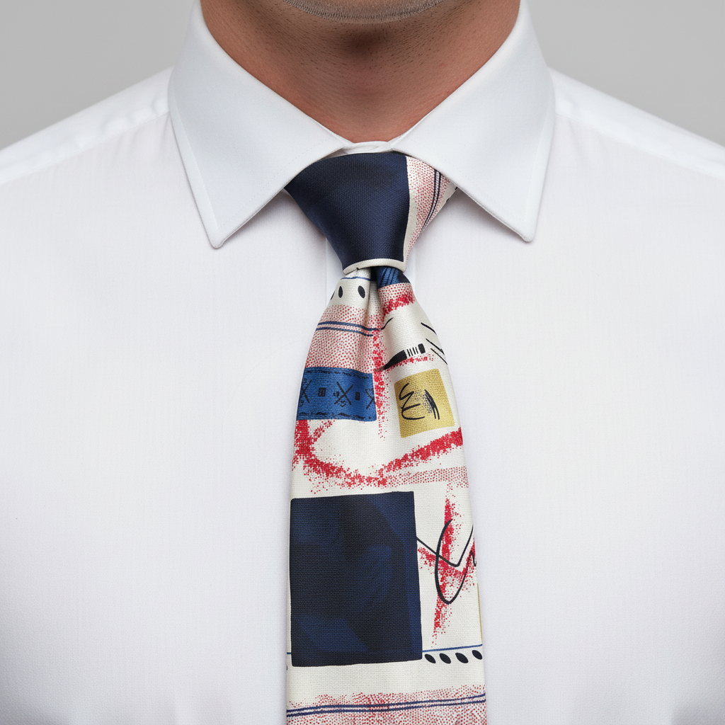 A multicolored necktie with a geometric pattern, displayed on a white background.